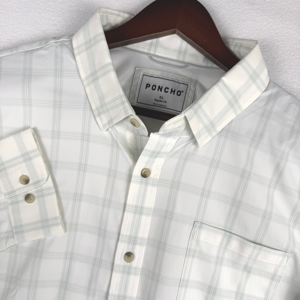 Poncho Button Down Shirt Mens XL White Plaid Long Sleeve Regular Fit Outdoor